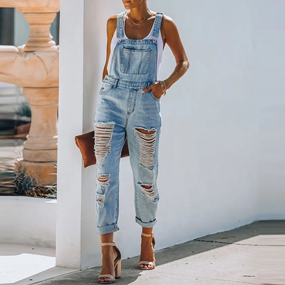 Summer Rompers for Women 2022 Fashion Overalls Jeans Long Pants Casual Distressed Pants Mid Waist Trousers Pantsuit Rompers for Women Summer