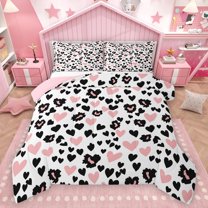 Manfei Fashion Cartoon Child Full Size Comforter Sets, Black Pink Love Heart Bedding Comforter Set, Chic Leopard Cheetah Print Reversible Bedding Sets, Breathable Home Decor, 3 Pieces