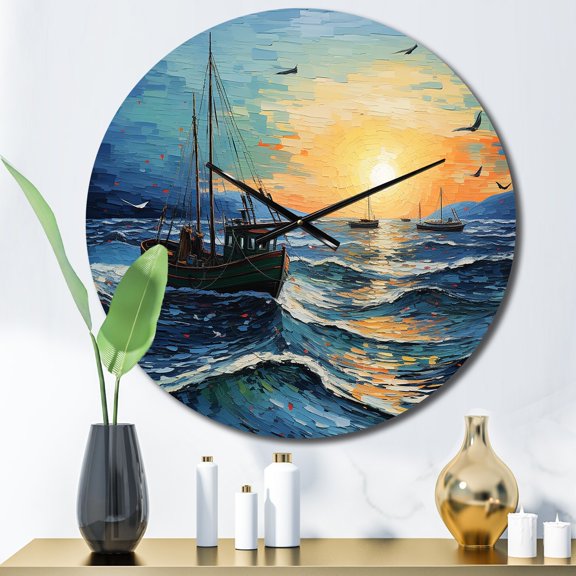 Designart "Seascape with Fishing Inspired by Van Gogh III" Vangogh Oversized Wall Clock