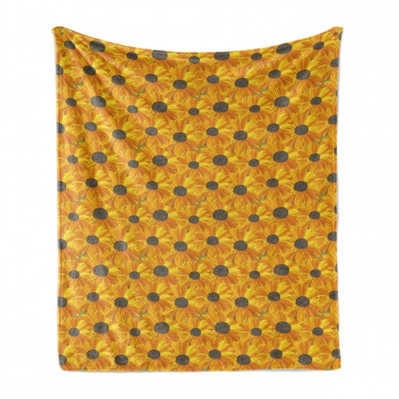 Gerber Daisy Soft Flannel Fleece Throw Blanket, Floral Illustration with Yellow and Orange Petals on Green, Cozy Plush for Indoor and Outdoor Use, 60" x 80", Dark Taupe Orange, by Ambesonne