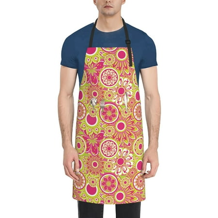 

Pofeuu Yellow Flowers Print Waterproof Apron with Pockets Adjustable Cooking Aprons Kitchen Bib for Baking Household Cleaning