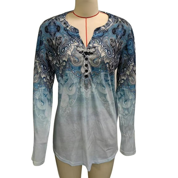Women Long Sleeve T Shirt V Neck Button Front Casual Elegant Loose Fit Pullover Top Blue Pattern S