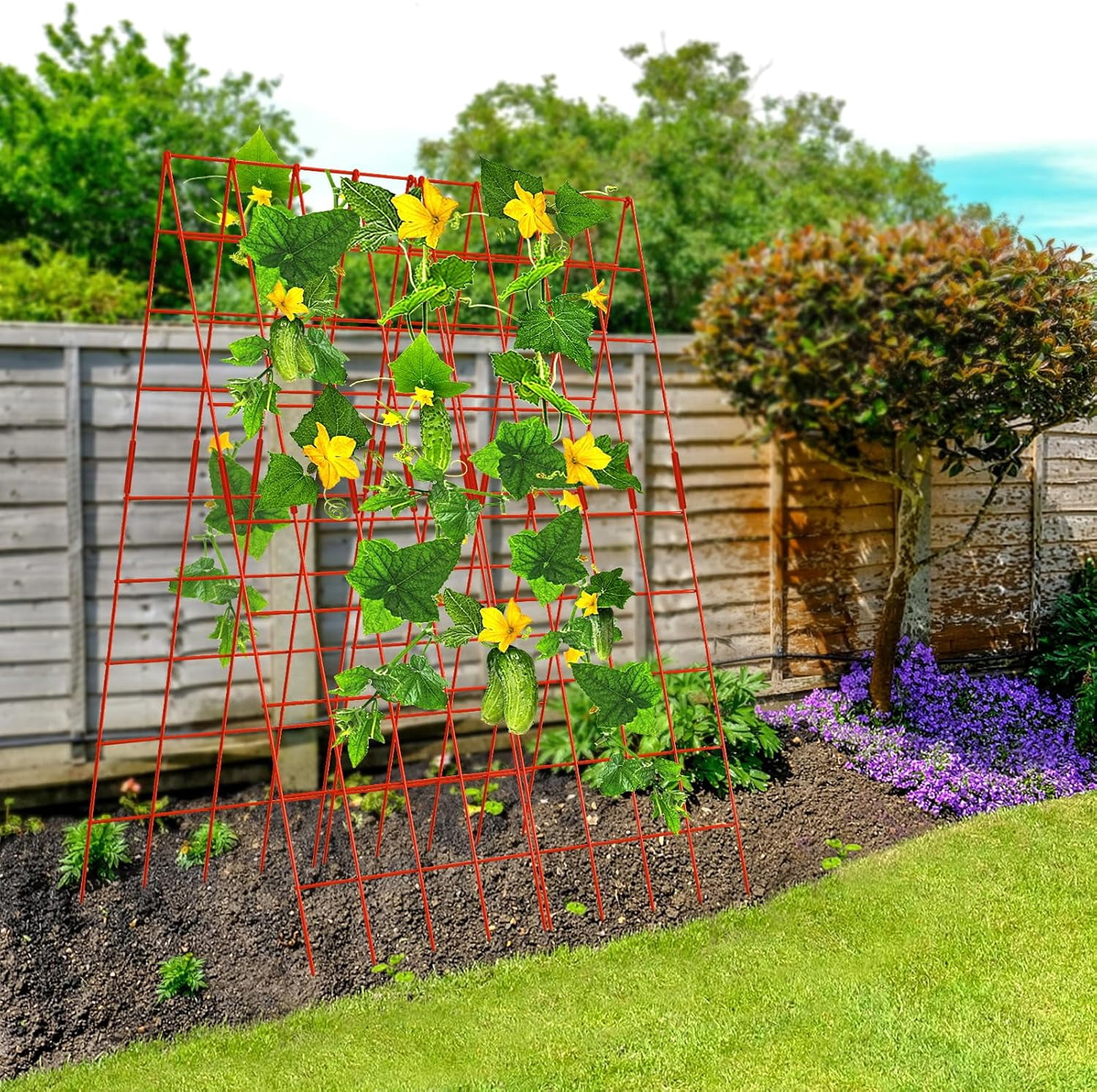 Cucumber Trellis, 59" High 2 Pack Foldable A Frame Trellis for Raised Bed Climbing Plants, Vegetables, Includes Plant Support Clips, Twist Ties, Plastic Ties- Made from PVC-Coated Steel