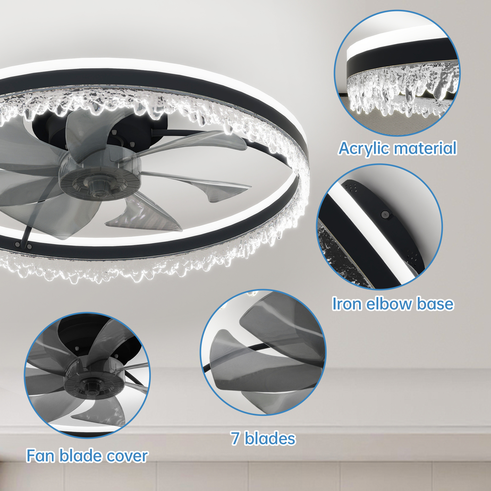 Leumius Modern LED Ceiling Fan with Light, 24In Dimmable Ceiling Light with Invisible Blades and Crystal Design, Remote Control & Adjustable Color Temperature for Bedroom, Living Room,Black