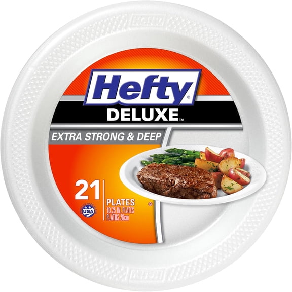 Deluxe Extra Strong & Deep Foam Plates, Round, White, 10.25 Inch, 21 Count