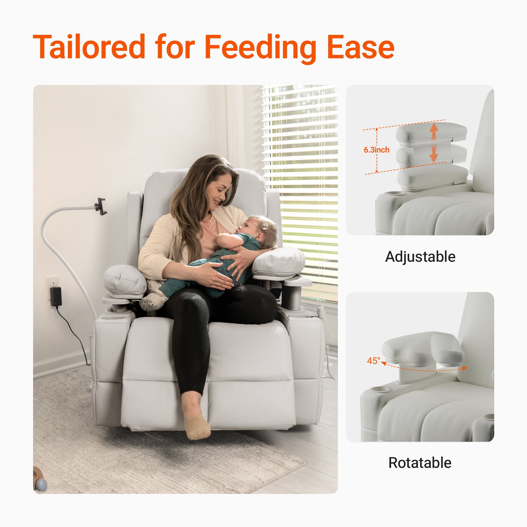 MAMAZING Nursery Rocking Chair Swivel Glider Oversized Recliner with Pockets Electric Power Baby Nursing Chair White