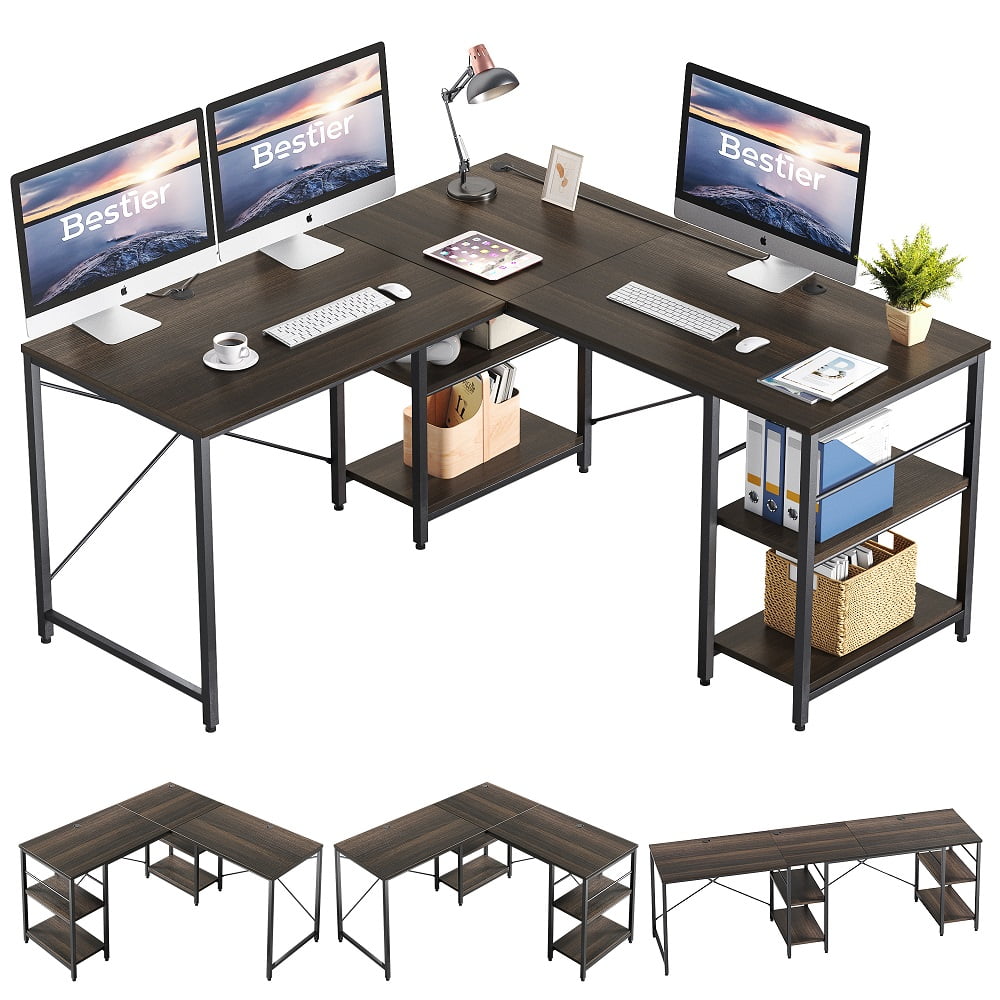 Large Computer Office Desk 95 in L-Shaped Table PC Home Workstation w/ Shelves 