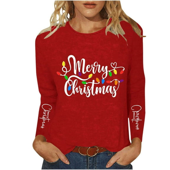 Qulqfy Christmas Tshirts Women Crew Neck Red Xmas Funny Long Sleeve Casual Plus Size Party Tops Christmas Shirts for Women