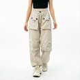 thumbnail image 2 of CPNG Girls Cargo Pants Solid Color Elastic High Waist Straight Wide Leg Baggy Cargo Sweatpants Lightweight Streetwear Casual Cargo Trousers, 2 of 7