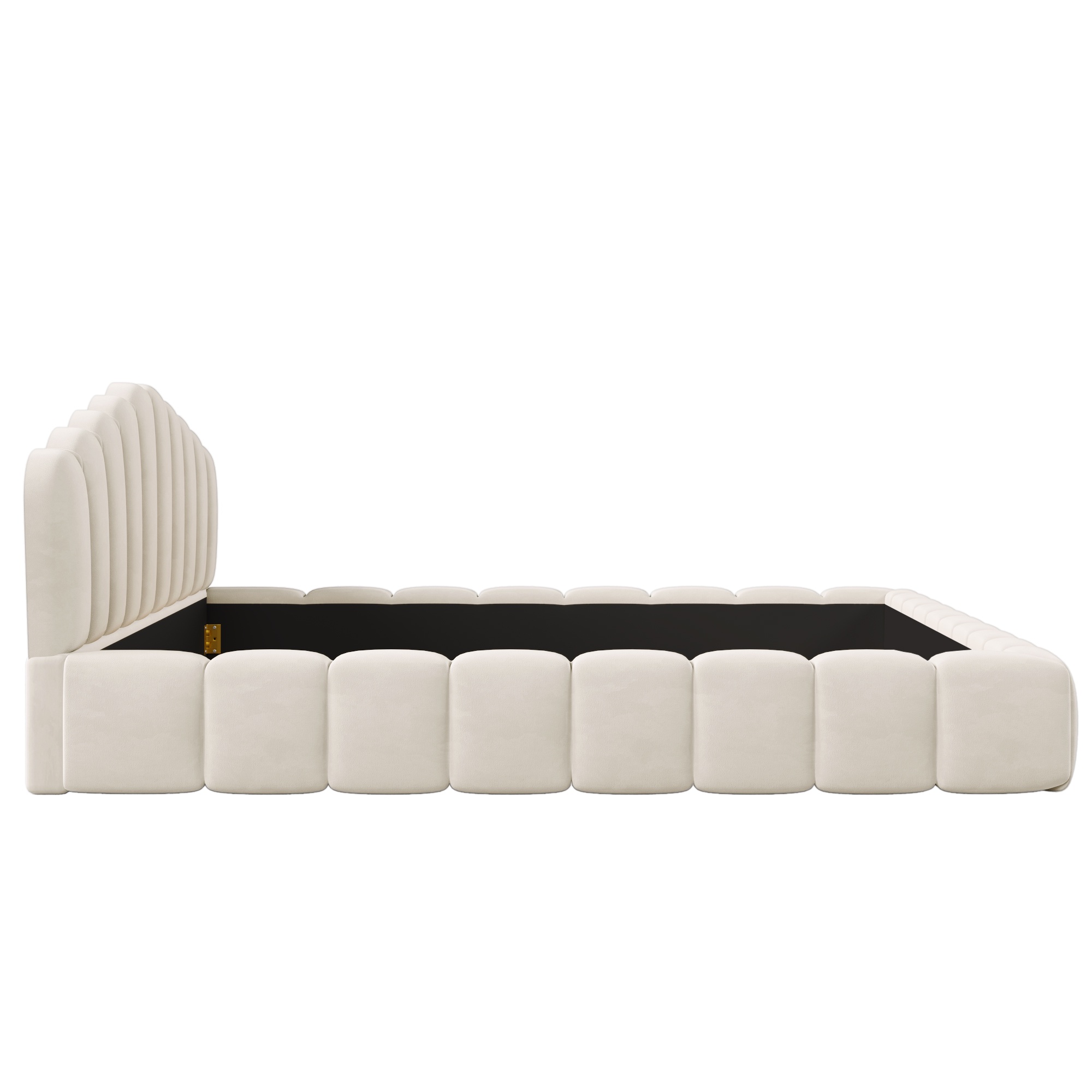 PORKISS Queen Bed Frame, Queen Platform Bed with Velvet Upholstered and Shell-Shaped Headboard, Modern Wood Bed Frame for Bedroom, No Box Spring Needed, Beige