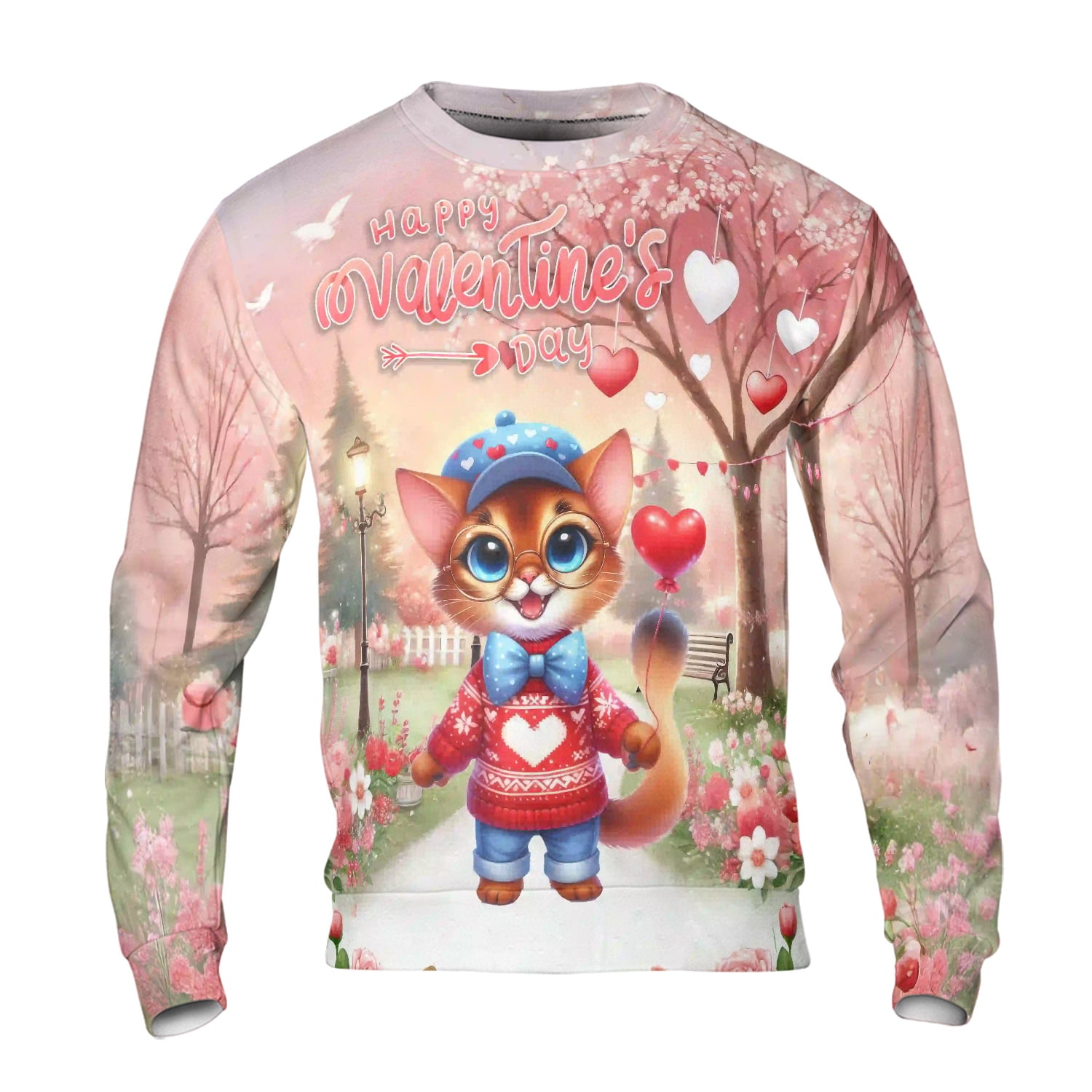 Happy Valentine’s Day Adorable Abyssinian Kitten Holding Heart Balloon All Over Print 3D Sweatshirt Unisex Merch Cat Lover Kitten Owner Gifts - 00030