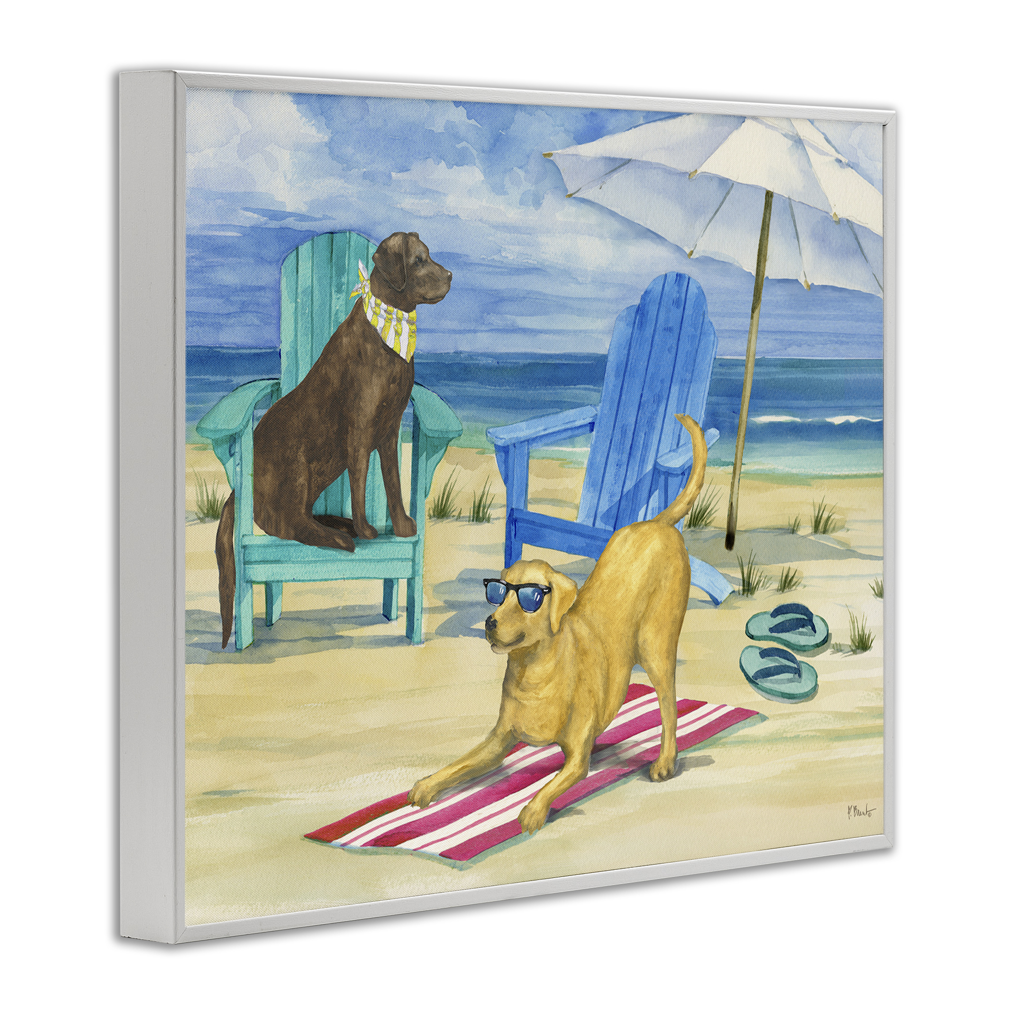 Stupell Industries Dogs on Beach Towel Animals & Insects Painting White Framed Art Print Wall Art, 14 x 11