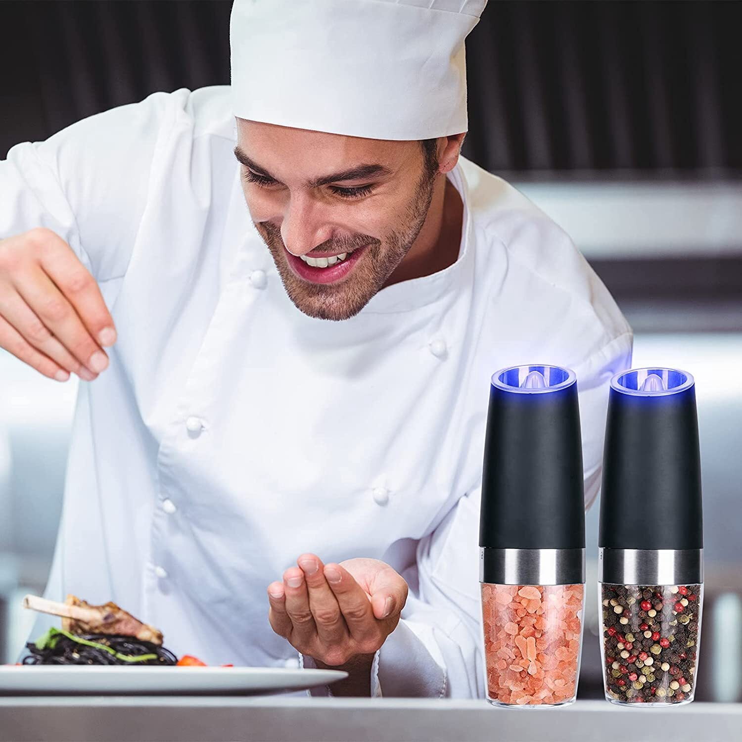 XEENSO 2 Pack Electric Pepper and Salt Grinder Set, Adjustable Coarseness, Battery Powered with LED Light, One Hand Automatic Operation, Stainless Steel, Black