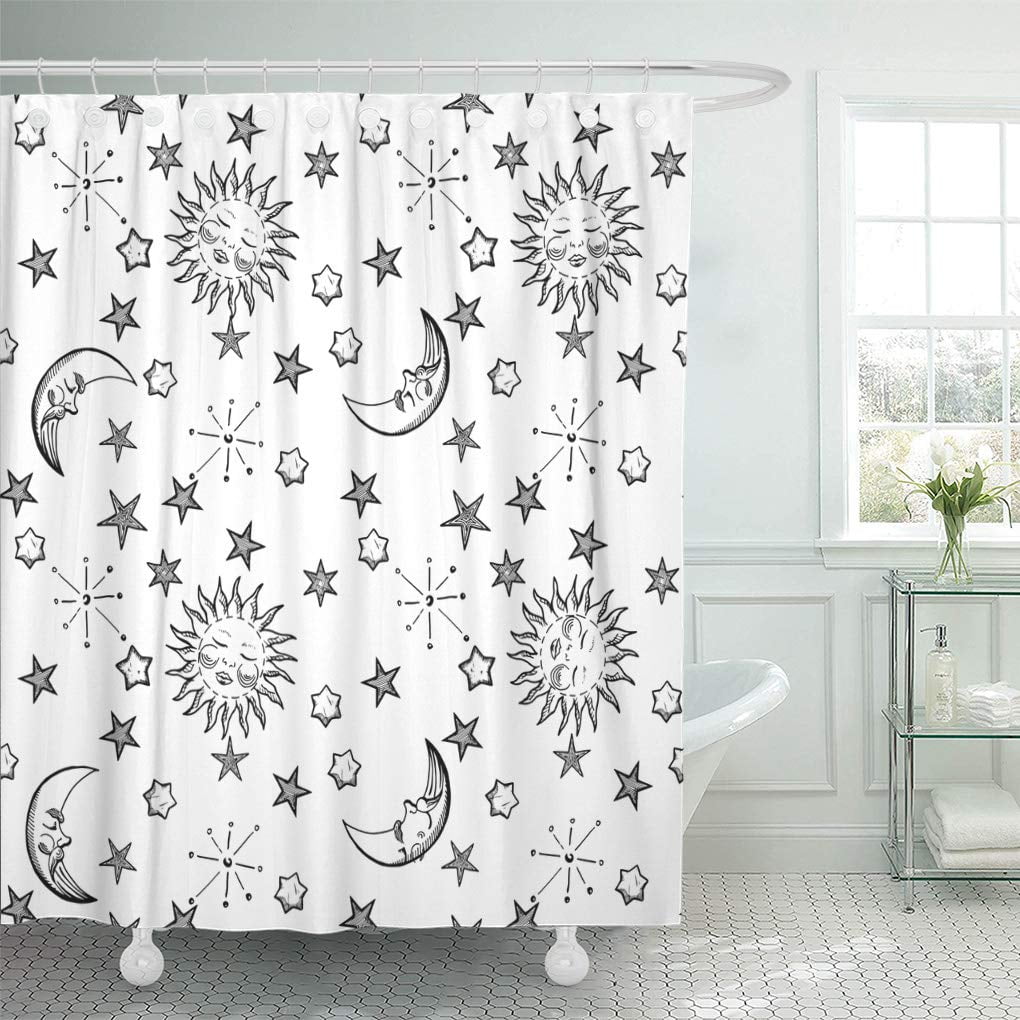 Cynlon Black And White Moon Sun Stars In Vintage Engraving Bathroom Decor Bath Shower Curtain 60x72 Inch Walmart Com Walmart Com