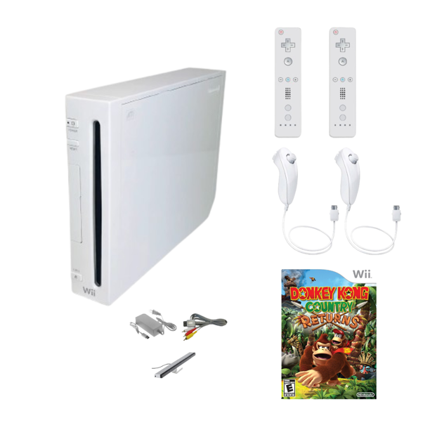 Nintendo Wii Console White Premium Bundle (Refurbished) – Includes Donkey Kong Country Returns, 2 Remotes & 2 Nunchuks