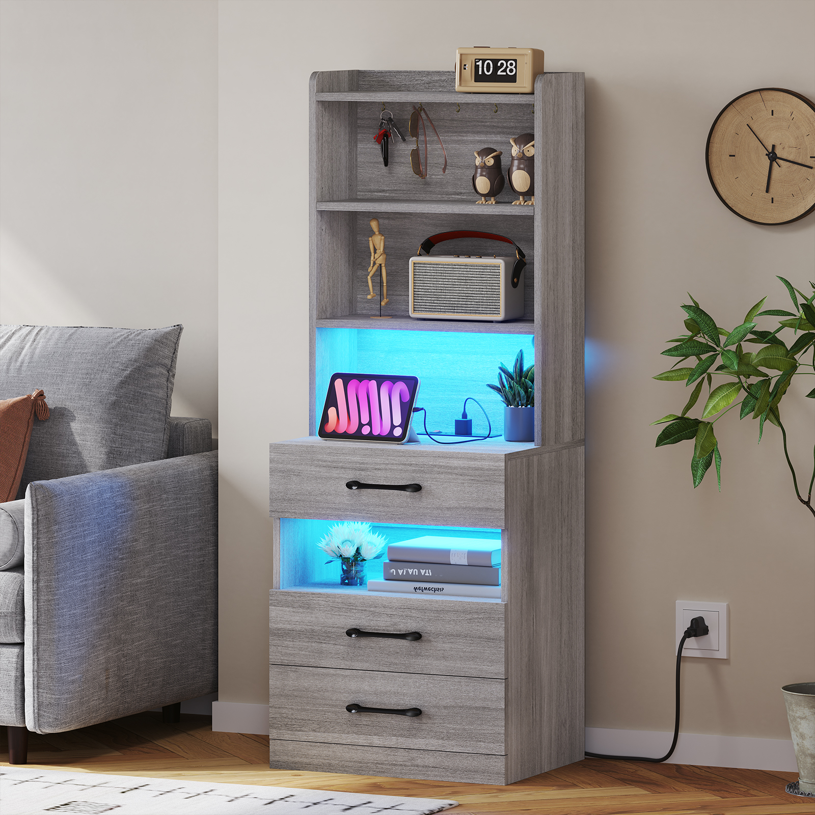 AOGLLATI Tall Nightstand with Charging Station and LED Lights Bookshelf, Bedside Table with 3 Drawers and Storage Shelves, End Side Table for Bedrooms