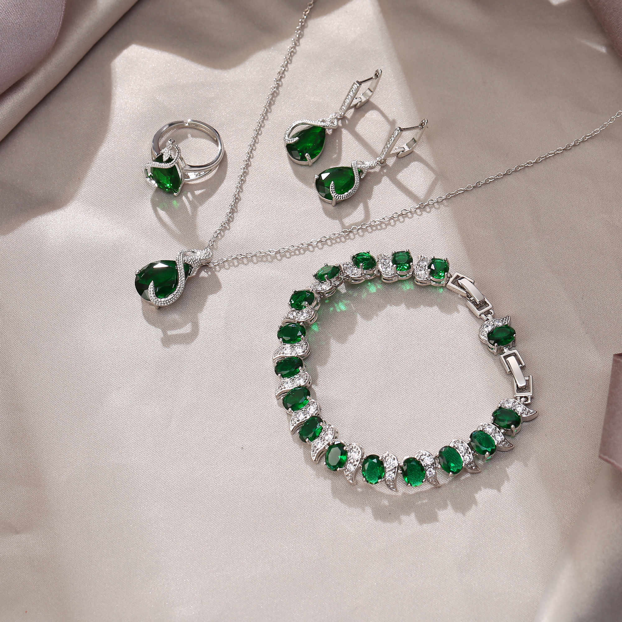 Wedure Women Bridal Jewelry Set for Bride, Emerald Birthstone CZ Necklace Earrings Bracelet Ring Sets for Birthday/Mother's Day Gifts for Women Green Silver-Tone - image 4 of 5