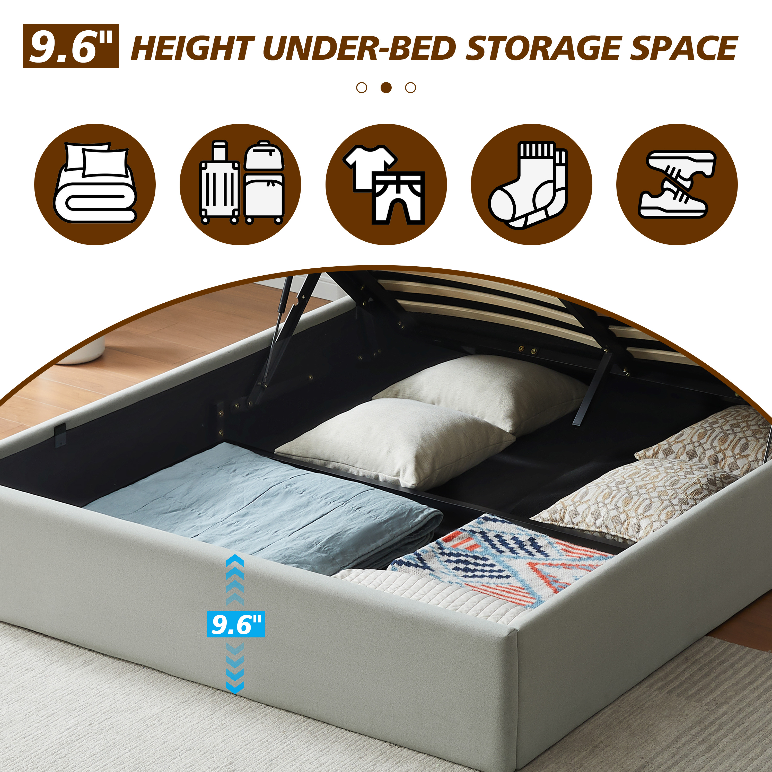 Upholstered Lift Storage Bed Frame with Velvet Headboard, 2 Drawers & 9.6" Under-Bed Storage, Queen Sizes in Light Grey, No Box Spring Needed, Ergonomic Design for Ultimate Comfort