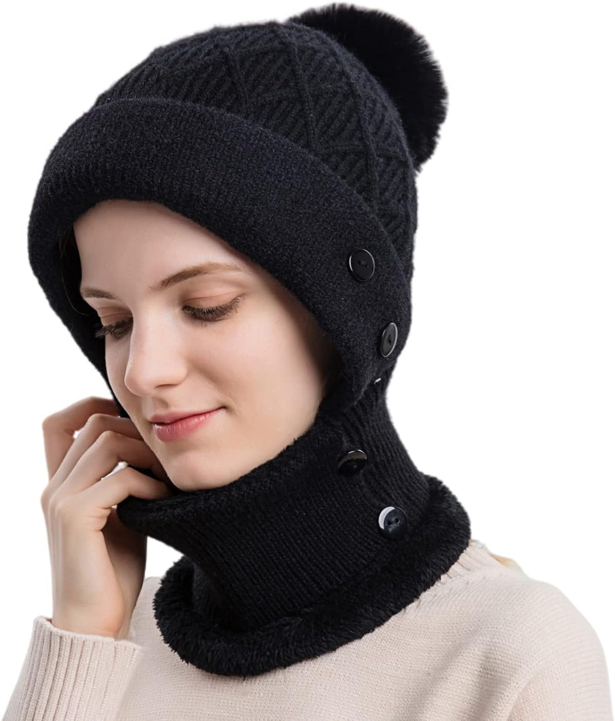 Zhengup Women Winter Beanie Hats One Piece Fleece Lined Knit Balaclavas Mask Set Skull Neck Circle Scarf Ski Snow Hat Pompom