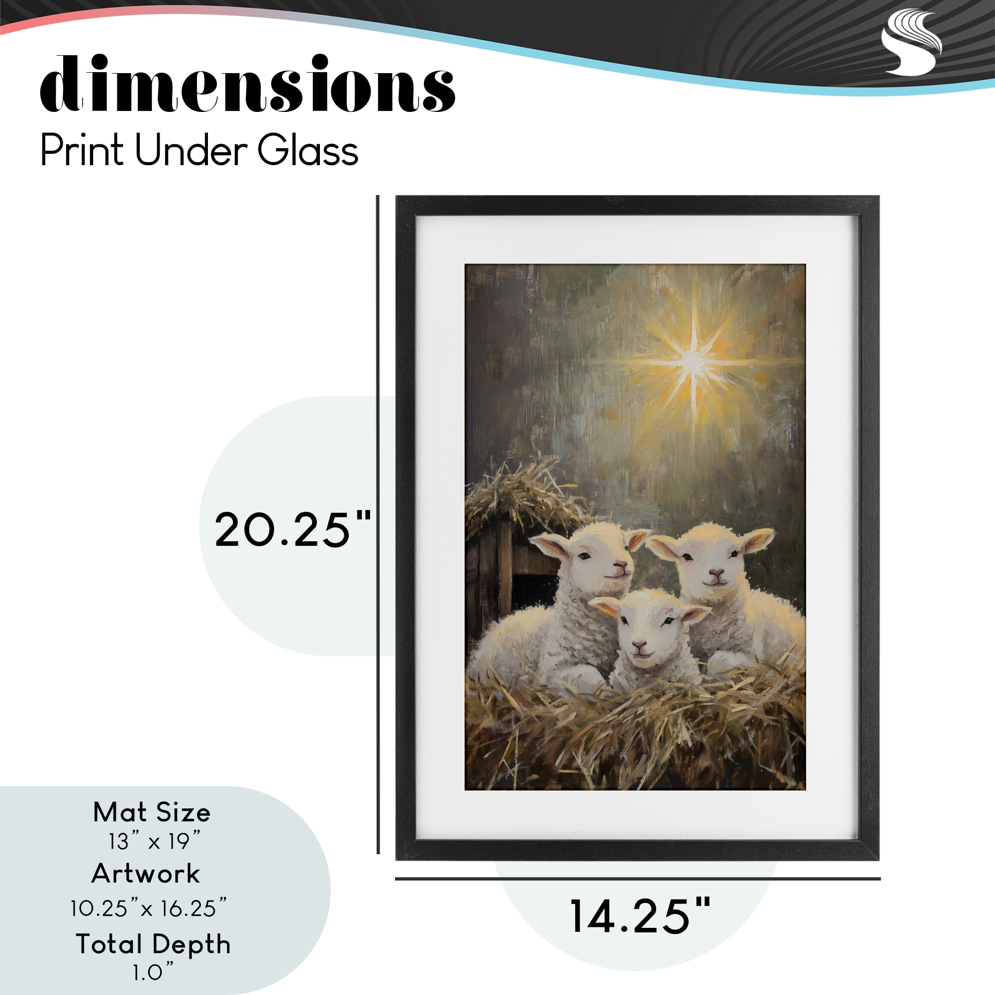 Festive Lambs in Stable Black Framed Print Under Glass, design by Petal Prints Design
