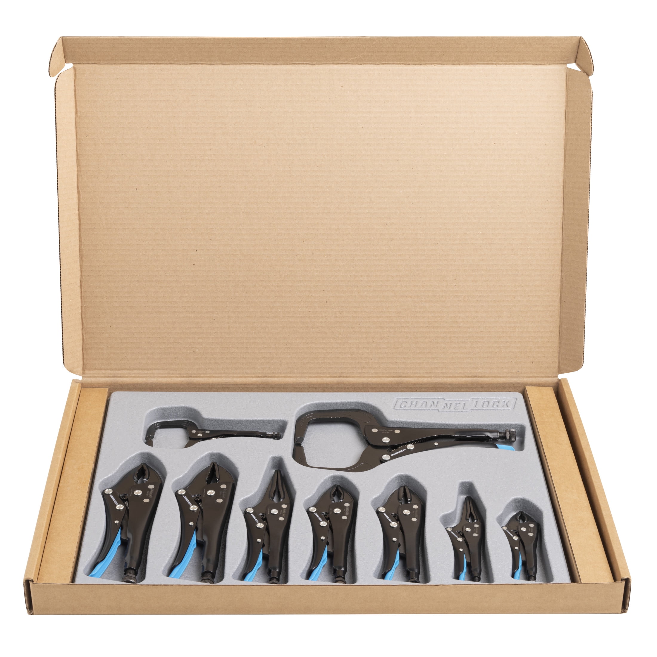 CHANNELLOCK Locking Pliers Set with Tray, Includes 3 Curved Jaw, 2 Combination Long Nose, 2 C-Clamp, and 2 Straight Jaw, 9 pieces (PC-L1)