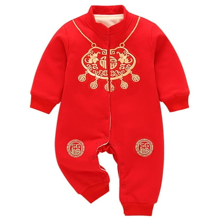

Honeeladyy Newborn Infant Baby Girls Thick Fleeces New Year Tang Romper Jumpsuit Sets Red