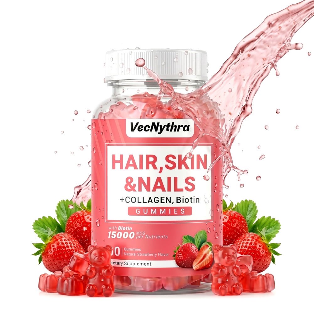 VecNythra Hair Skin and Nails Vitamins Gummies – Strawberry Flavor – 60 Count – with Biotin, Vitamin C & E – Non-GMO, Gluten-Free – Dietary Supplement for Healthy Hair, Skin & Nails – Adult Chewable