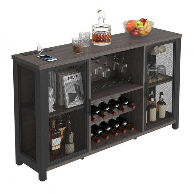 VEVOR 47 inch Industrial Bar Cabinet, Wine Table for Liquor & Glasses, Sideboard Buffet Cabinet with Wine Rack, Freestanding Farmhouse Wood Coffee Bar Cabinet for Living Room, Home Bar, Kitchen Grey