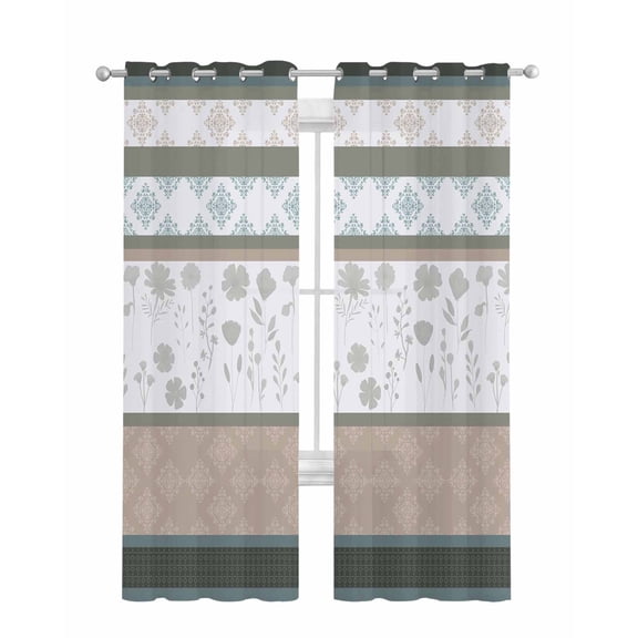 Brown Geometric Sheer Curtains 84 Inch Length 2 Panels Set for Living Room/Bedroom, Stripes Boho Spring Flowers Pastoral Country Kitchen Curtains Grommet Curtains Window Treatments 52"x84"x2