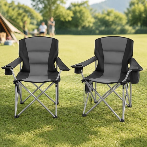 Camping Chair, 2 Pack, Oversized Heavy Duty Support for 450 Lb, Folding with Padded Backrest, Armrests, Cup Holder and Side Pocket