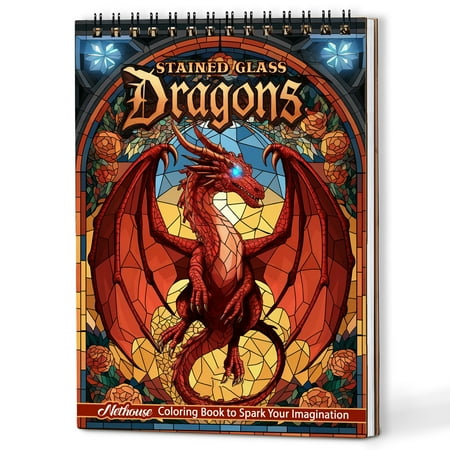 NETHOUSE Stained Glass Dragons Coloring Book Spiral Bound for Adults A5 Wooden Cover 30 Intricate Coloring Pages of Stained Glass Dragons Windows Patterns for Stress Relief and Relaxation