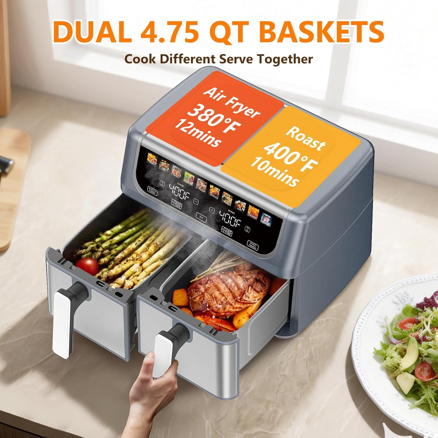 Haysky 9.5QT Dual Basket Air Fryer, 10-in1 Digital Touchcreen 2 Independent 4.75Qt Basket, Non-Stick, Gray