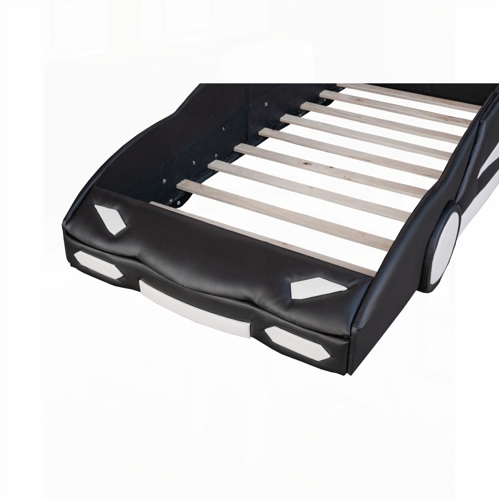 Race Car-Shaped Twin Size Platform Bed in Black Equipped with Wheels and Solid Construction