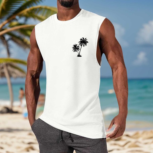 HUITKMM Mens Compression Tank Top Summer Fashion Men's Vest Coconut Pattern Shoulder Design Minimalist Style Sleeveless Top