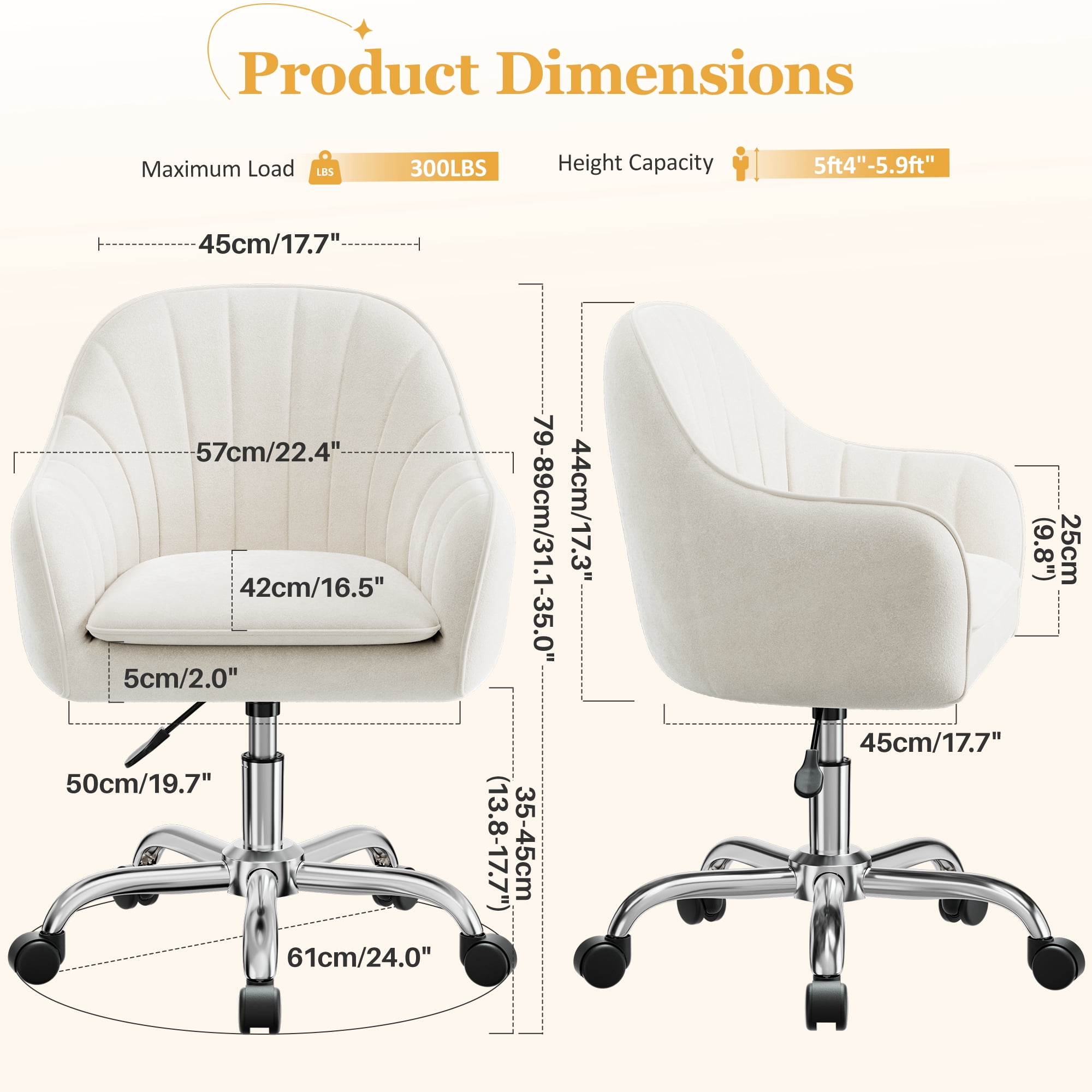 COOLHUT Office Desk Chair with Padded, Velvet Vanity Chair with Back and Wheels, Home Office Chiar with Sliver Legs, Height Adjustable, Rolling Chair for Vanity Room, Makeup Room, Bedroom, Beige