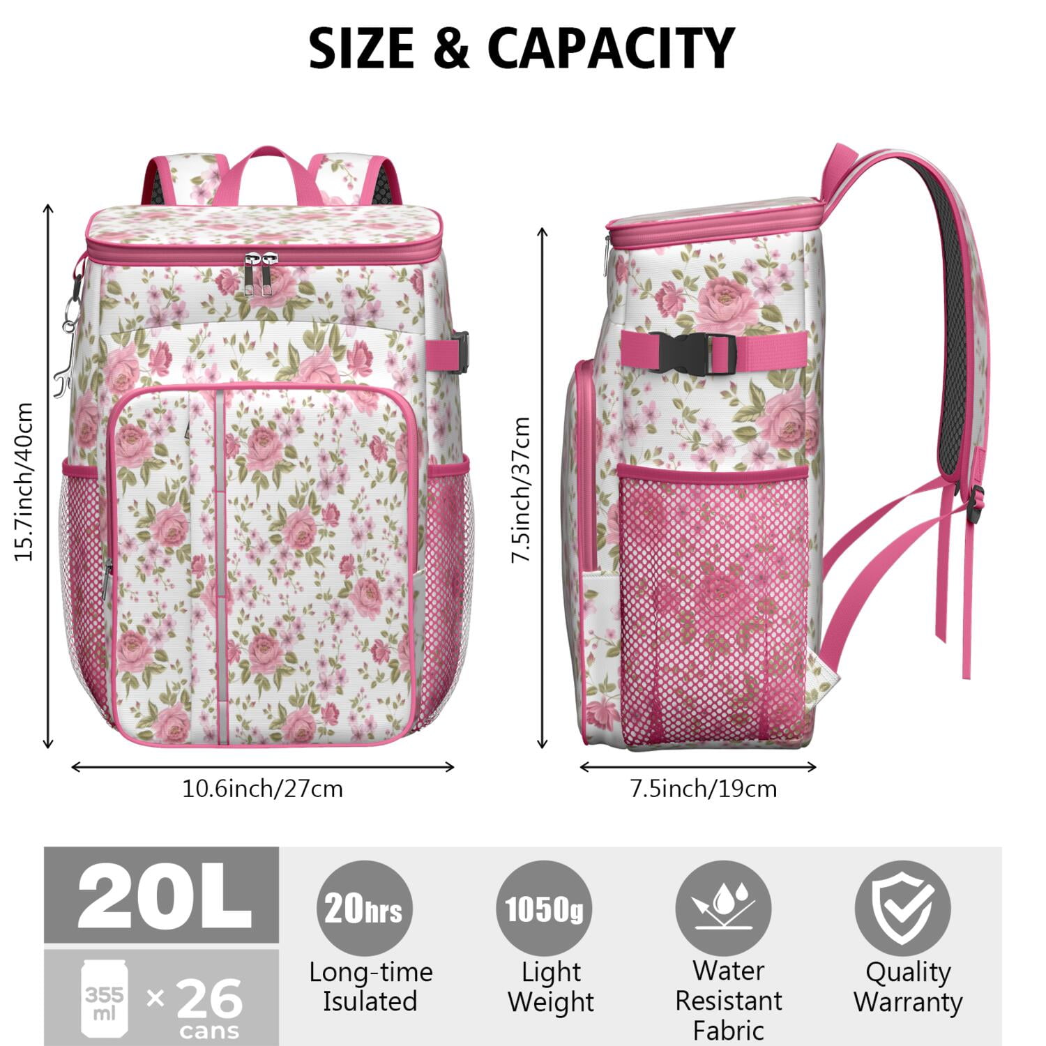 Travel Cooler Bag - Pioneer Flower Floral Print Pattern Camping Beer Cooler Backpack with Bottle Opener- Waterproof Insulated Picnic Backpacks - Cooler Bag for Beach