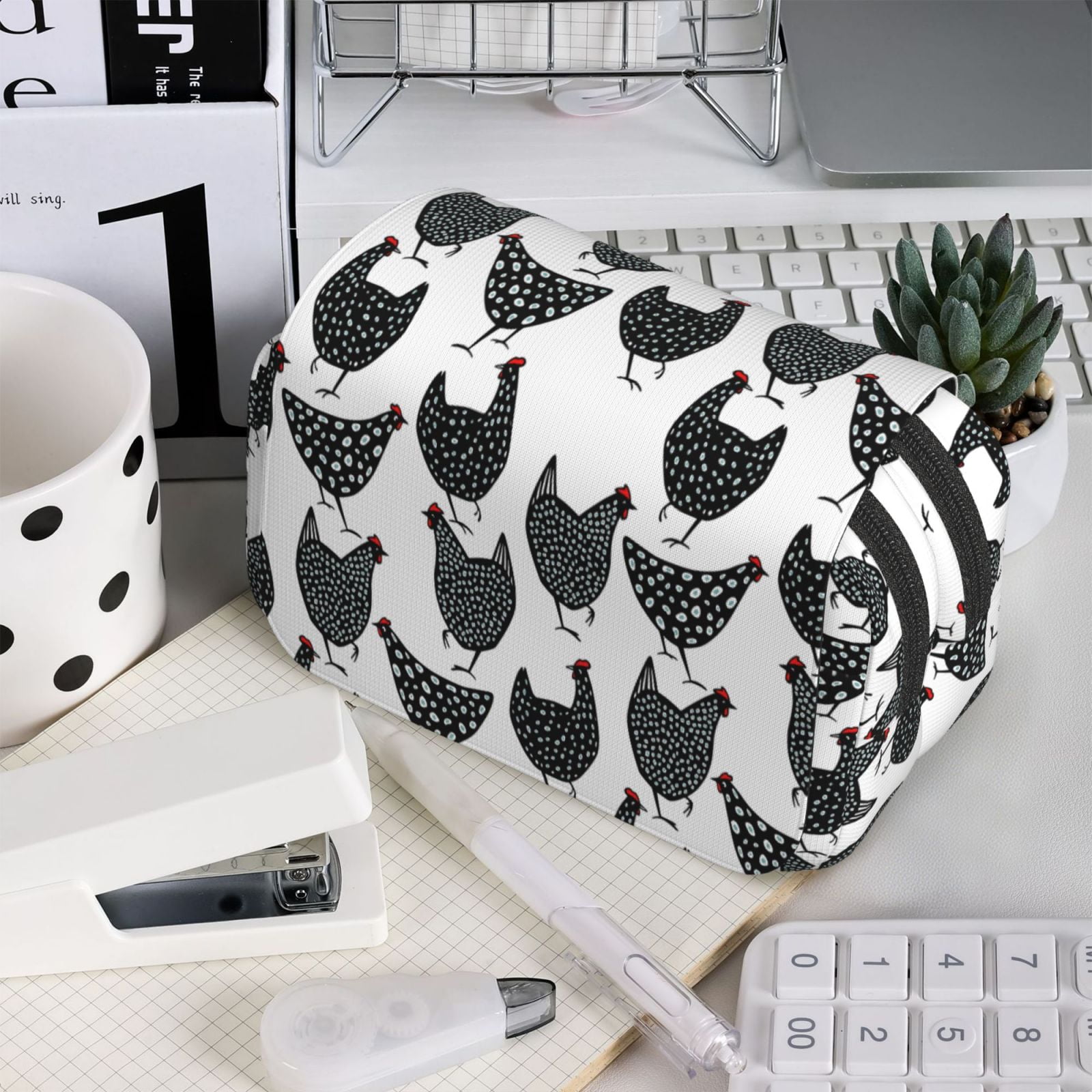Rateoe Retro Rooster Pattern Double Clamshell Pen Case, Storage Organizer with Two Zipper Compartments– Holds Up to 50 Pencils & Pens