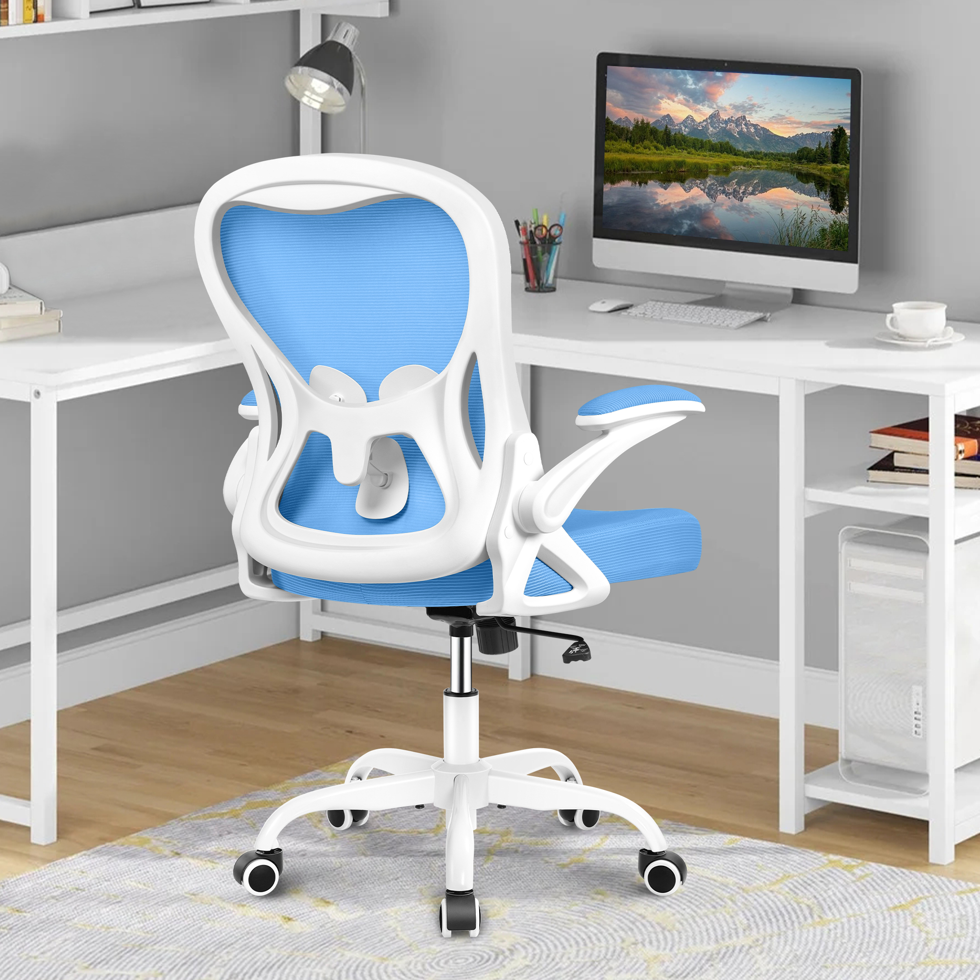ATHOPE Office Chair, Ergonomic Desk Chair with Flip Up Armrests, Height Adjustable Computer Chair with Lumbar Support, Blue