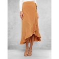 thumbnail image 4 of Womens One-Piece Wrap Tie Waist Solid Color Irregular Hem Chiffon Midi Skirt Elegant Flowy Khaki L, 4 of 9