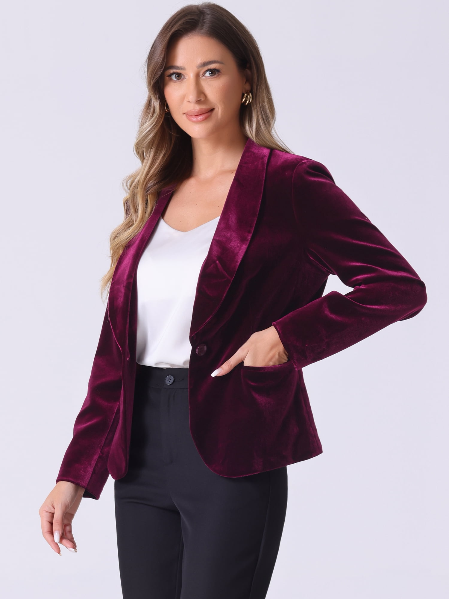 DARING DIVA Women's Velvet Office Coat Solid Shawl Collar Blazer M Dark Red