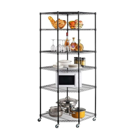Wqmh 6 Tier NSF Metal Shelf Pentagonal Corner Wire Shelving Unit, Black,Heavy Duty Adjustable Storage Rack with Shelf Liners for Kitchen Garage Office Etc Room Corner