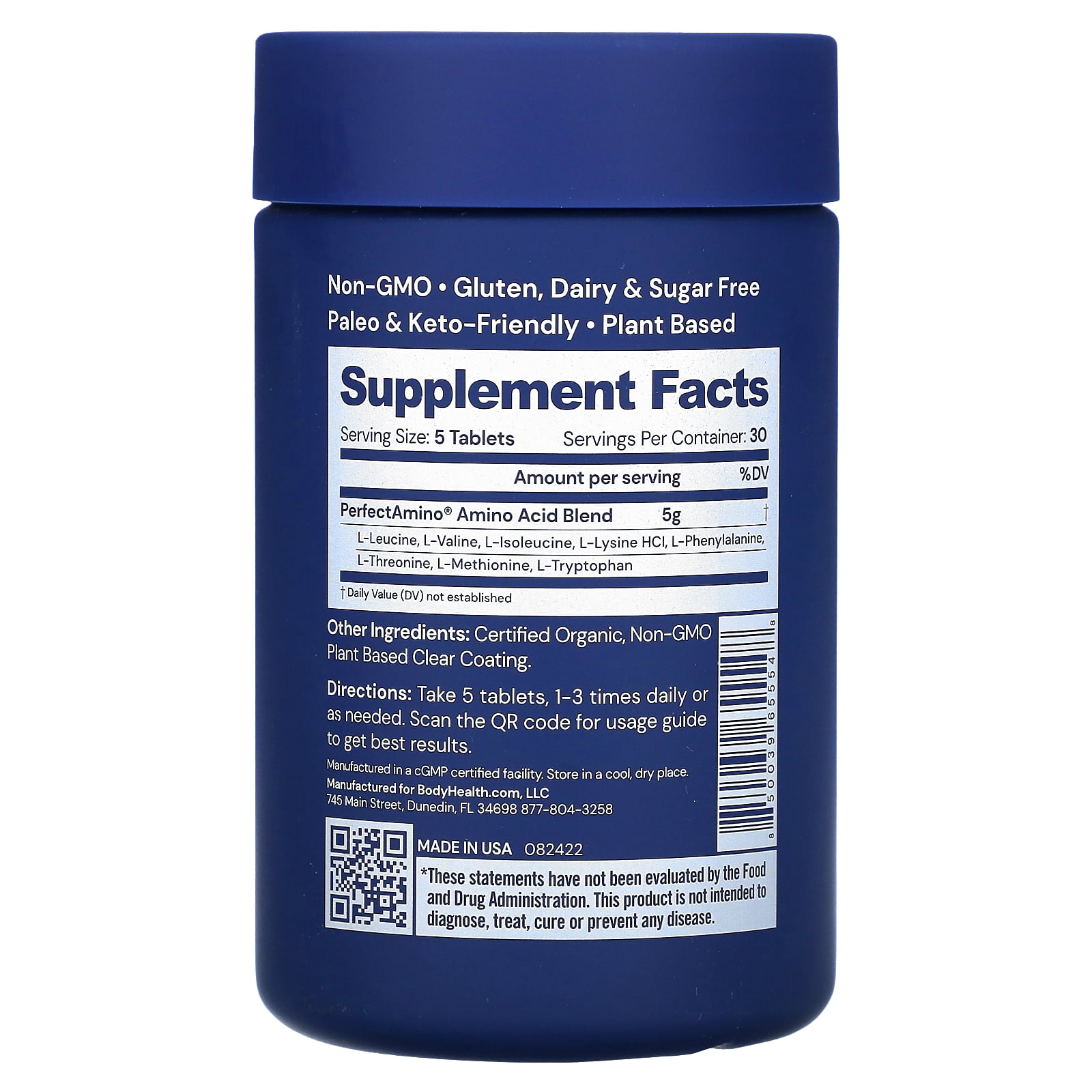 BodyHealth PerfectAmino Vegan Amino Acid Supplements, Tablets, Unflavored, Builds Muscle, 150 Count
