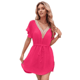 thumbnail image 1 of Robe de Plage Ample à Manches Courtes pour Femmes, Col en V Profond, Rose Rouge G, 1 of 8