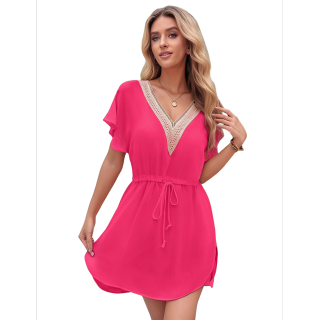 Robe de Plage Ample à Manches Courtes pour Femmes, Col en V Profond, Rose Rouge G