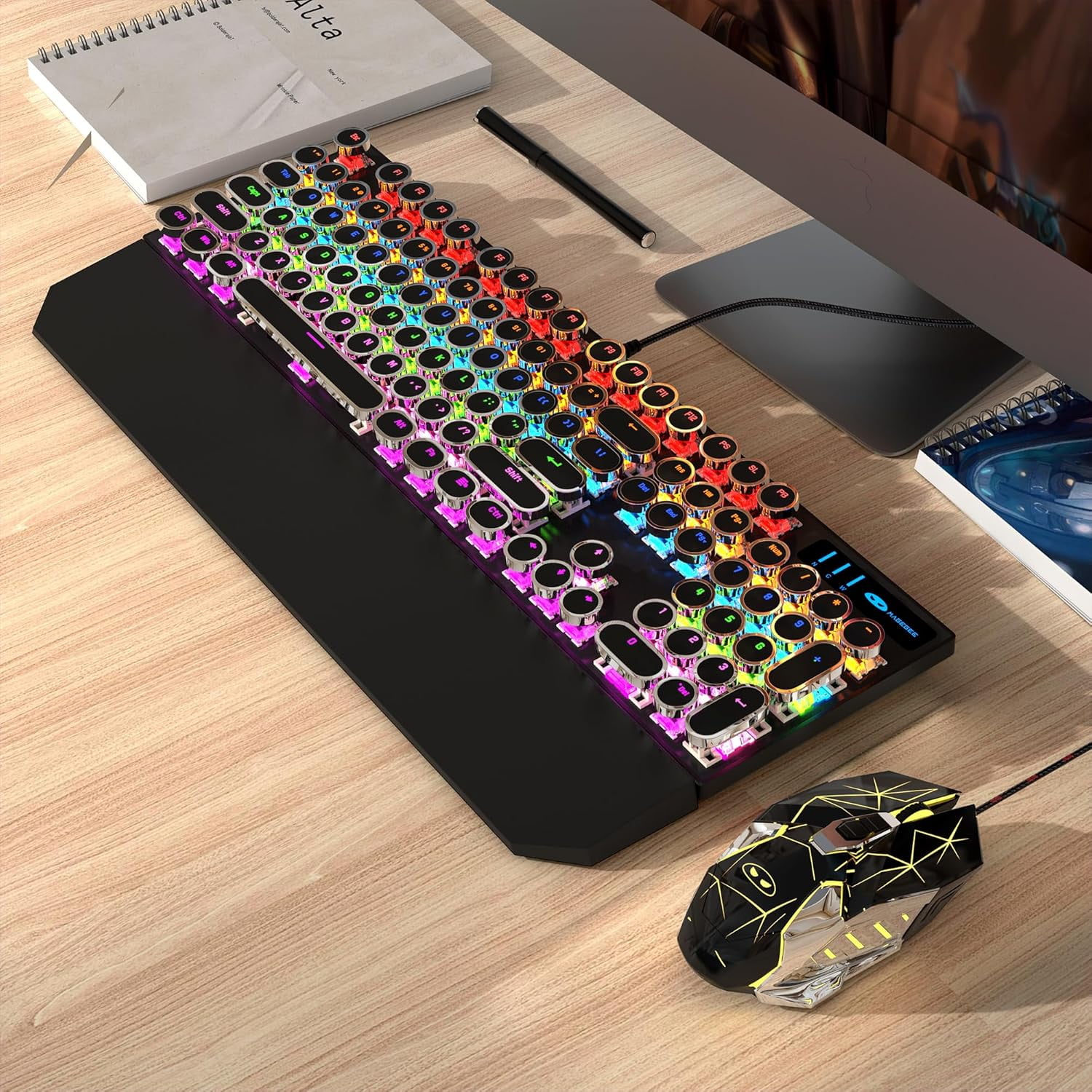 Typewriter Mechanical Gaming Keyboard and Mouse Combo, Retro Punk Round Keycaps Rgb Rainbow Backlit Wired Keyboard for Game and Office
