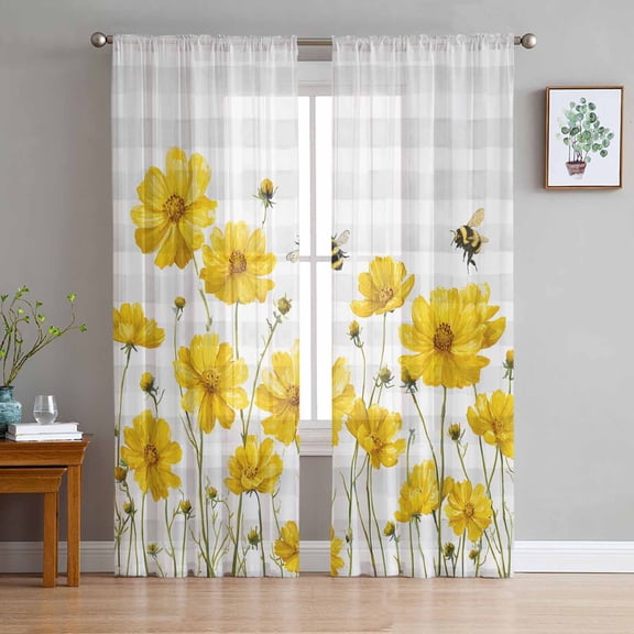 Yellow Flowers Sheer Curtains 72 Inches Long 2 Panels Set, Window Sheer Curtains for Living Room/Bedroom, Summer Bee Country Floral Gray Plaid Light Filtering Rod Pocket Curtain 52'' x 72'' x 2
