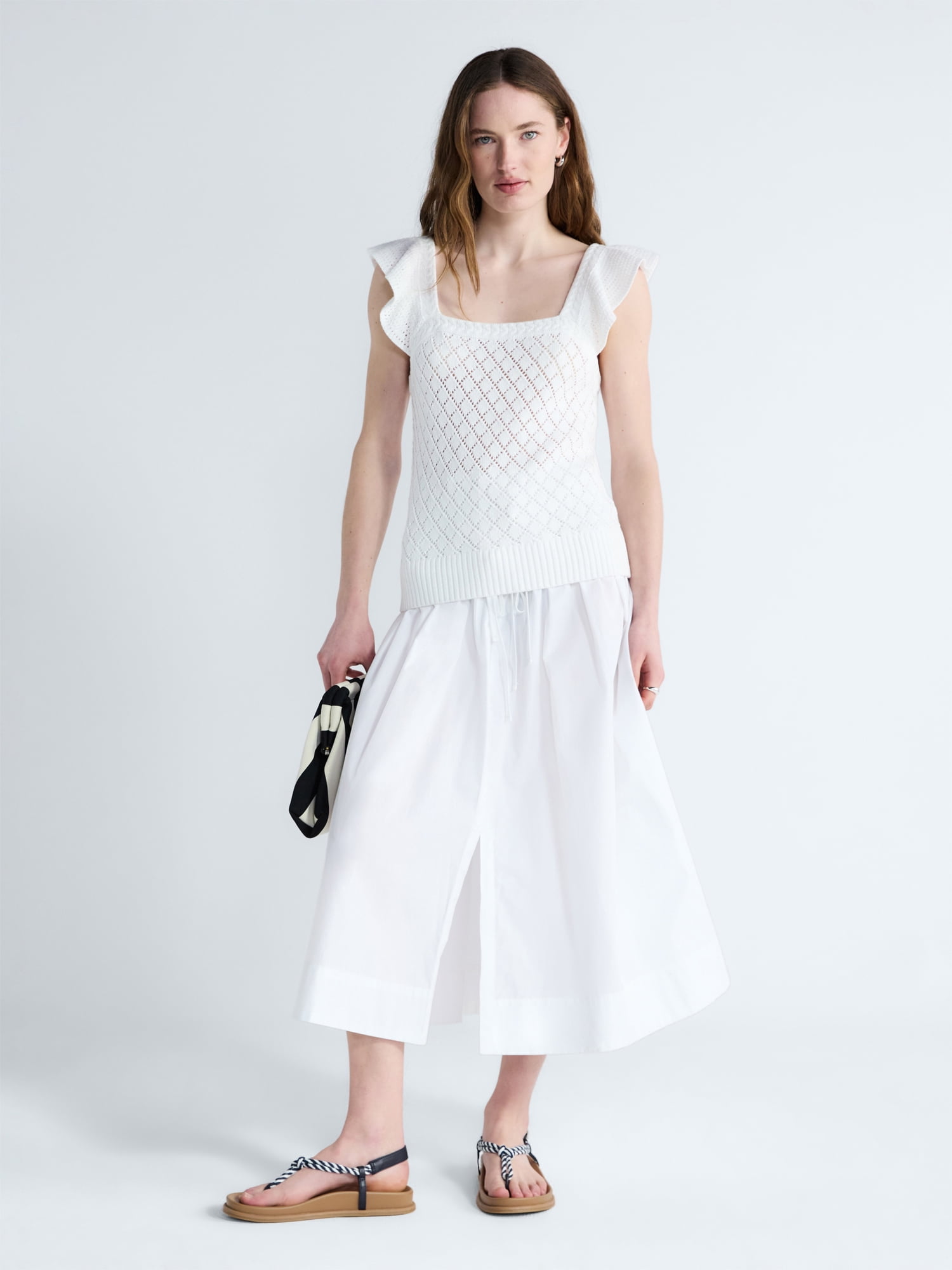 Free Assembly Women's and Women's Plus Square Neck Cotton Sweater with Flutter Sleeves, Sizes XS-4X