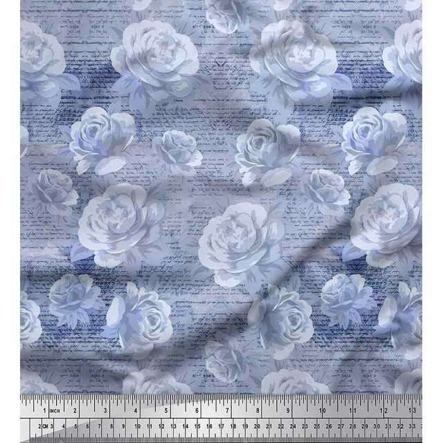 Soimoi Satin Silk Fabric Text,Leaves & Rose Flower Print Sewing Fabric Yard 42 Inch Wide