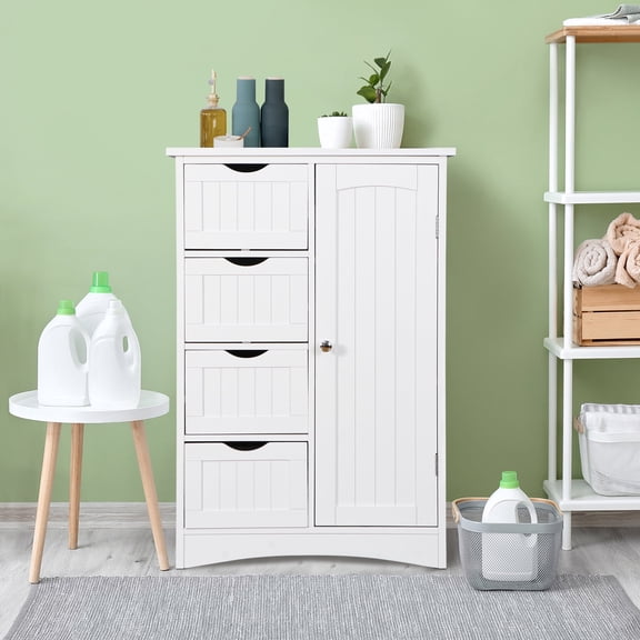ZENSTYLE Bathroom Floor Cabinet Kitchen Organization 4 Drawers W/3 Tiers Side Space, White