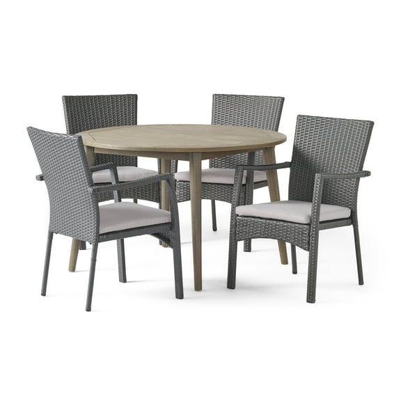 GDF Studio Venti Outdoor Acacia Wood and Wicker 5 Piece Dining Set with Cushion, Gray